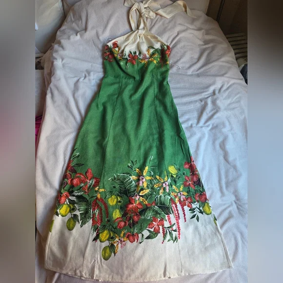 H&M PREMIUM linen-blend halterneck dress floral green/flowers Sz XXL BNWT - Picture 4 of 9